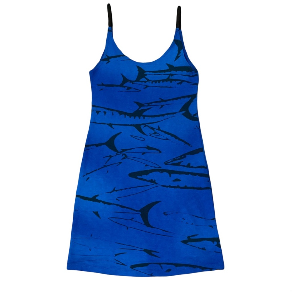 Indah Shark Print Jersey Knit Dress Swim Cover Spaghetti Strap Bold Blue 
🦈💕